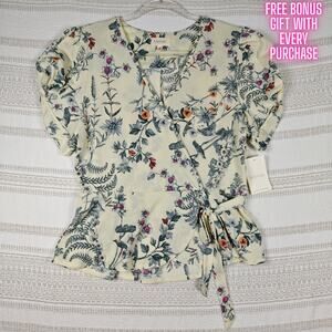 Meraki Pale Yellow Floral Wrap Blouse Top XL NWT